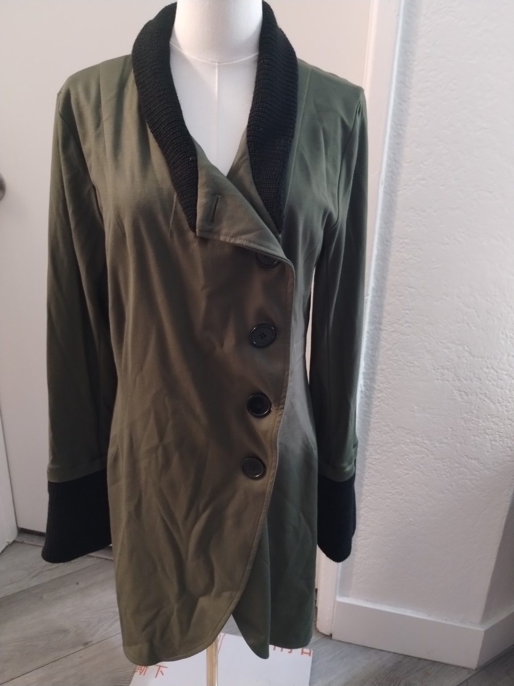 VENUS Olive Green Trench Coat with Black Shawl Collar